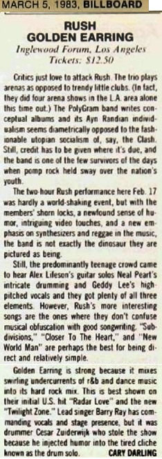Rush with Golden Earring show review Los Angeles - Great Western Forum February 17-18 Billboard magazine March 05 1983